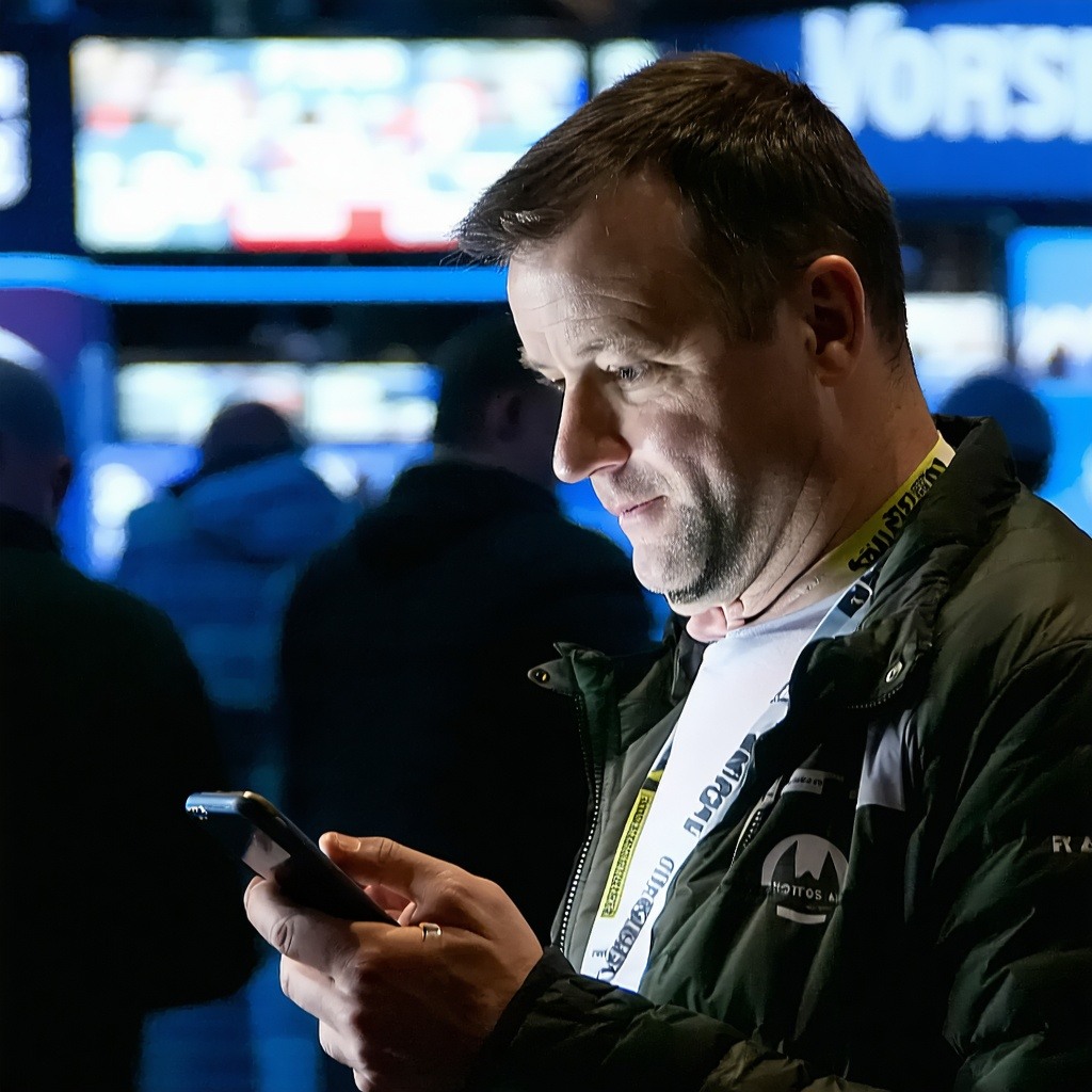 A normal looking man using a mobile phone to book a call during the norwegian championship in meeting booking