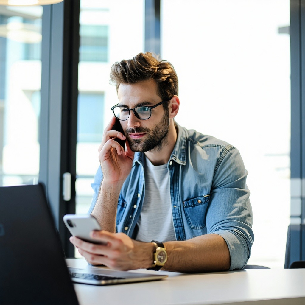 A normal looking man using a mobile phone to book a meeting while sitting at an office-1